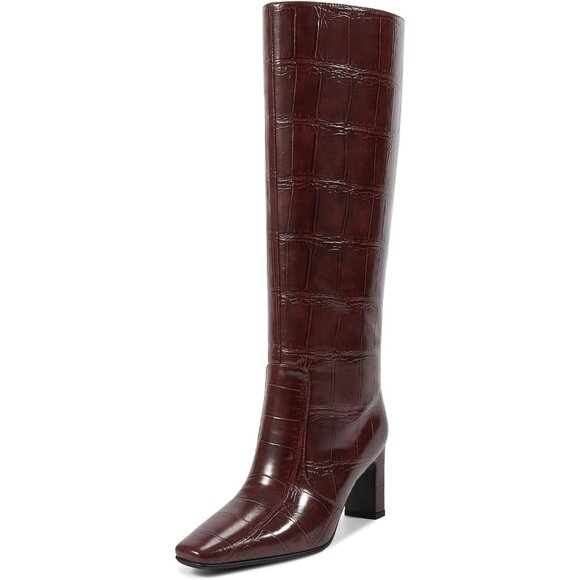 ⚡Women's Burgundy Faux Leather Regular Calf Friendly Square Toe Mid Heel - Picture 1 of 7